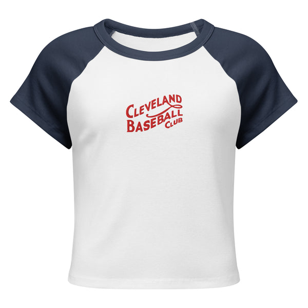 White and navy 1908 Cleveland Baseball Club women's micro rib raglan baby tee with red embroidery, front view